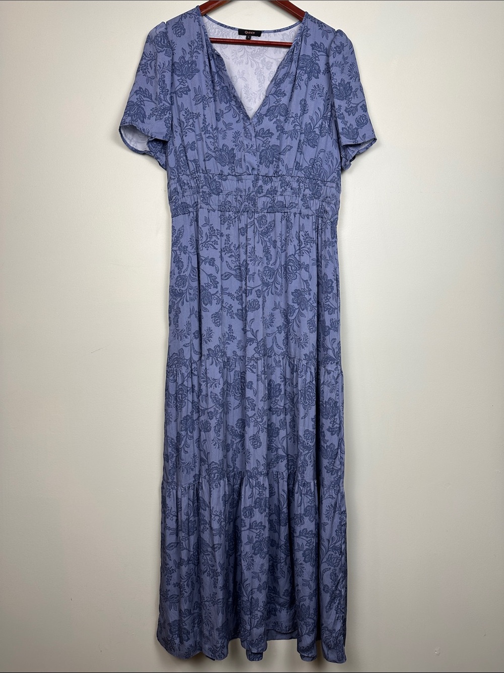 189. Quince silk floral peasant dress maxi blue.